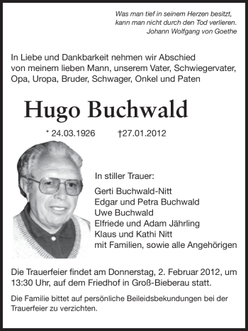 Traueranzeige von Hugo Buchwald von Echo-Zeitungen (Gesamtausgabe)