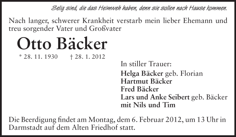  Traueranzeige für Otto Bäcker vom 01.02.2012 aus Darmstädter Echo, Odenwälder Echo, Rüsselsheimer Echo, Groß-Gerauer-Echo, Ried Echo