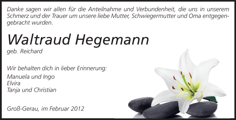  Traueranzeige für Waltraud Hegemann vom 01.02.2012 aus Rüsselsheimer Echo, Groß-Gerauer-Echo, Ried Echo