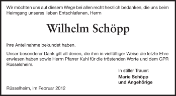 Traueranzeige von Wilhelm Schöpp von Rüsselsheimer Echo, Groß-Gerauer-Echo, Ried Echo