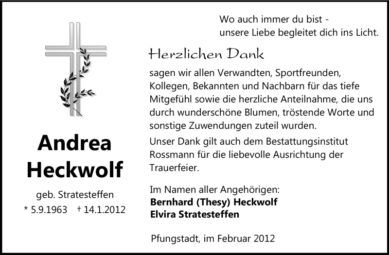  Traueranzeige für Andrea Heckwolf vom 04.02.2012 aus Echo-Zeitungen (Gesamtausgabe)