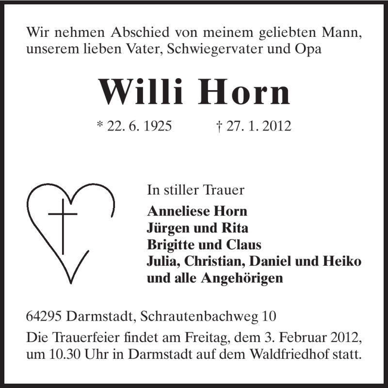  Traueranzeige für Willi Horn vom 01.02.2012 aus Darmstädter Echo, Odenwälder Echo, Rüsselsheimer Echo, Groß-Gerauer-Echo, Ried Echo