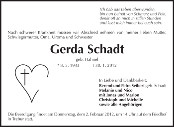 Traueranzeige von Gerda Schadt von Rüsselsheimer Echo, Groß-Gerauer-Echo, Ried Echo