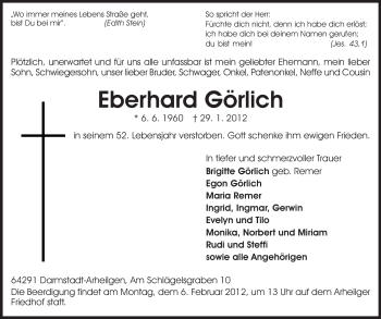 Traueranzeige von Eberhard Görlich von Echo-Zeitungen (Gesamtausgabe)