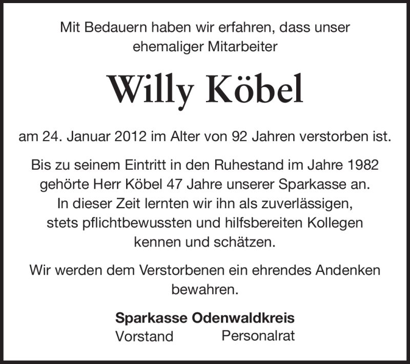  Traueranzeige für Willy Köbel vom 01.02.2012 aus Odenwälder Echo