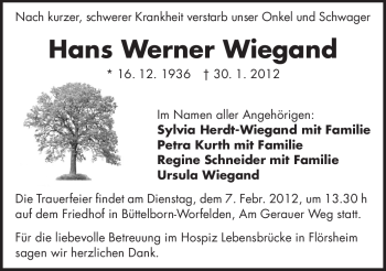 Traueranzeige von Hans Werner Wiegand von Darmstädter Echo, Odenwälder Echo, Rüsselsheimer Echo, Groß-Gerauer-Echo, Ried Echo
