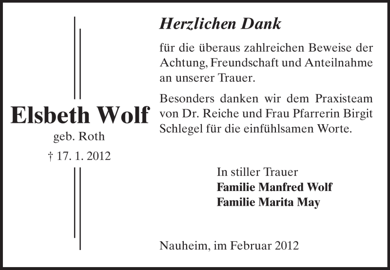  Traueranzeige für Elsbeth Wolf vom 04.02.2012 aus Rüsselsheimer Echo, Groß-Gerauer-Echo, Ried Echo
