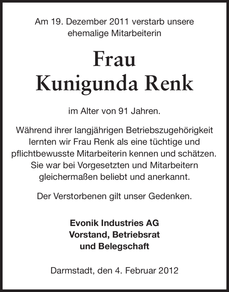  Traueranzeige für Kunigunda Renk vom 04.02.2012 aus Echo-Zeitungen (Gesamtausgabe)