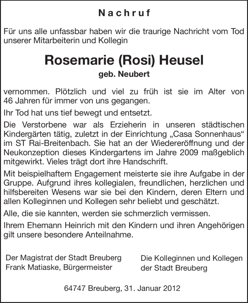  Traueranzeige für Rosemarie Heusel vom 01.02.2012 aus Odenwälder Echo