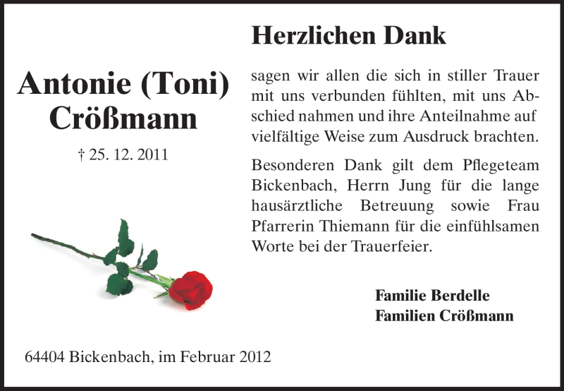  Traueranzeige für Antonie Crößmann vom 04.02.2012 aus Echo-Zeitungen (Gesamtausgabe)