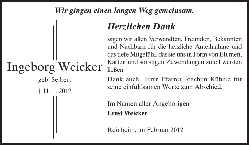  Traueranzeige für Ingeborg Weicker vom 04.02.2012 aus Darmstädter Echo, Odenwälder Echo, Rüsselsheimer Echo, Groß-Gerauer-Echo, Ried Echo
