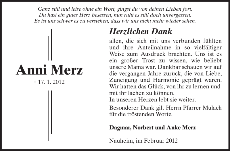  Traueranzeige für Anni Merz vom 03.02.2012 aus Rüsselsheimer Echo, Groß-Gerauer-Echo, Ried Echo
