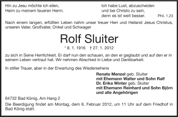 Traueranzeige von Rolf Sluiter von Odenwälder Echo