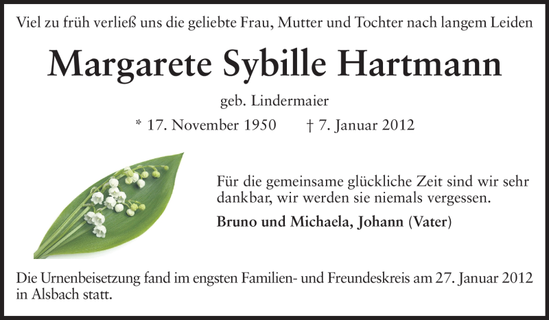  Traueranzeige für Margarete Sybille Hartmann vom 04.02.2012 aus Echo-Zeitungen (Gesamtausgabe)