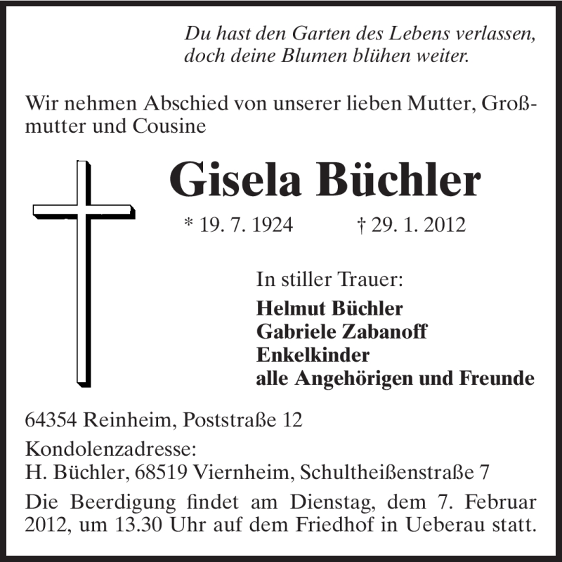  Traueranzeige für Gisela Büchler vom 04.02.2012 aus Darmstädter Echo, Odenwälder Echo, Rüsselsheimer Echo, Groß-Gerauer-Echo, Ried Echo