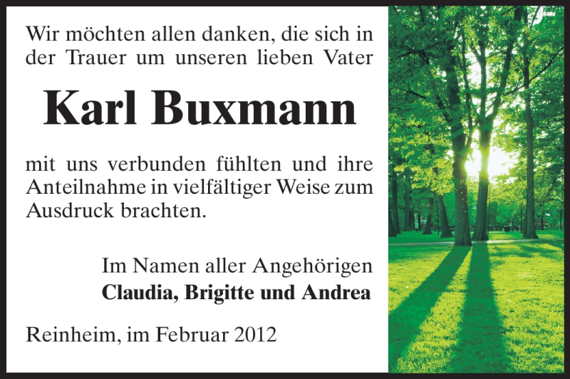  Traueranzeige für Karl Buxmann vom 11.02.2012 aus Echo-Zeitungen (Gesamtausgabe)