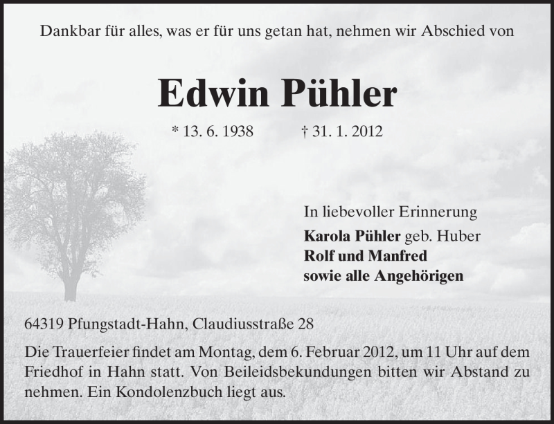  Traueranzeige für Edwin Pühler vom 04.02.2012 aus Echo-Zeitungen (Gesamtausgabe)