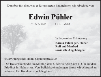 Traueranzeige von Edwin Pühler von Echo-Zeitungen (Gesamtausgabe)