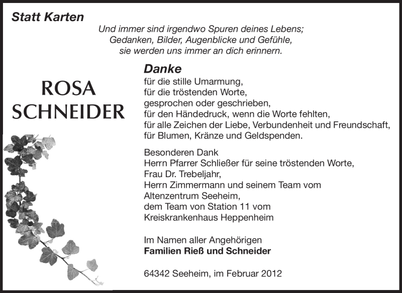  Traueranzeige für Rosa Schneider vom 04.02.2012 aus Echo-Zeitungen (Gesamtausgabe)