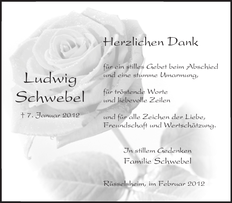  Traueranzeige für Ludwig Schwebel vom 04.02.2012 aus Rüsselsheimer Echo, Groß-Gerauer-Echo, Ried Echo