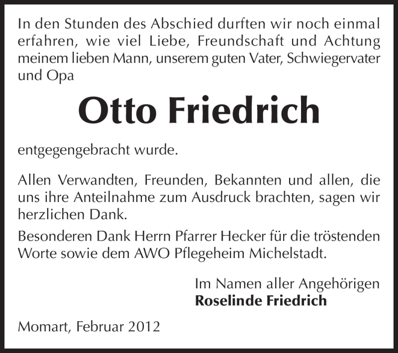  Traueranzeige für Otto Friedrich vom 04.02.2012 aus Odenwälder Echo