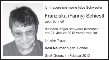 Traueranzeige von Franziska Schiestl von Rüsselsheimer Echo, Groß-Gerauer-Echo, Ried Echo