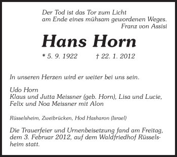 Traueranzeige von Hans Horn von Odenwälder Echo