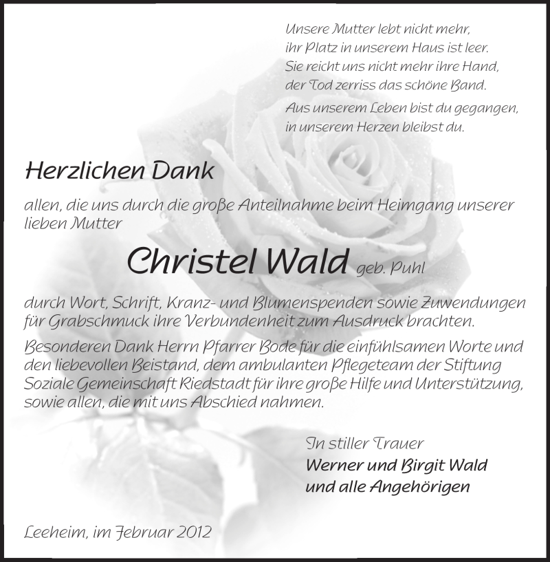  Traueranzeige für Christel Wald vom 11.02.2012 aus Echo-Zeitungen (Gesamtausgabe)