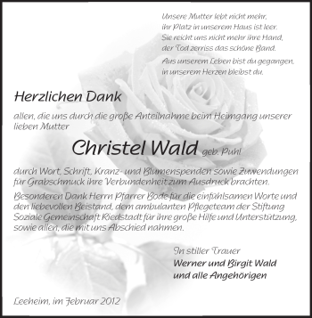 Traueranzeige von Christel Wald von Echo-Zeitungen (Gesamtausgabe)