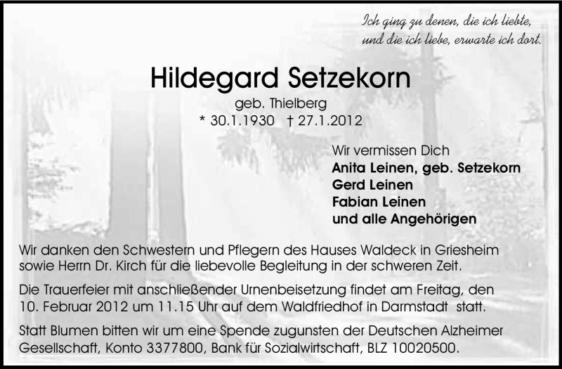  Traueranzeige für Hildegard Setzekorn vom 04.02.2012 aus Echo-Zeitungen (Gesamtausgabe)