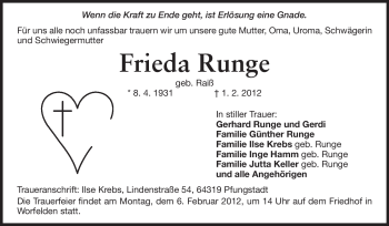 Traueranzeige von Frieda Runge von Rüsselsheimer Echo, Groß-Gerauer-Echo, Ried Echo