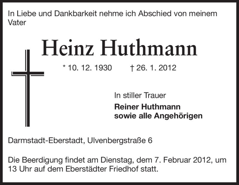  Traueranzeige für Heinz Huthmann vom 04.02.2012 aus Echo-Zeitungen (Gesamtausgabe)