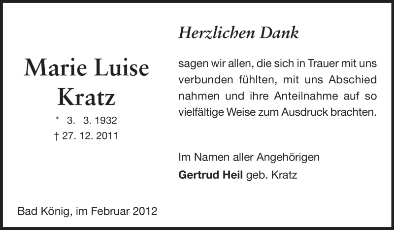  Traueranzeige für Marie Luise Kratz vom 04.02.2012 aus Odenwälder Echo