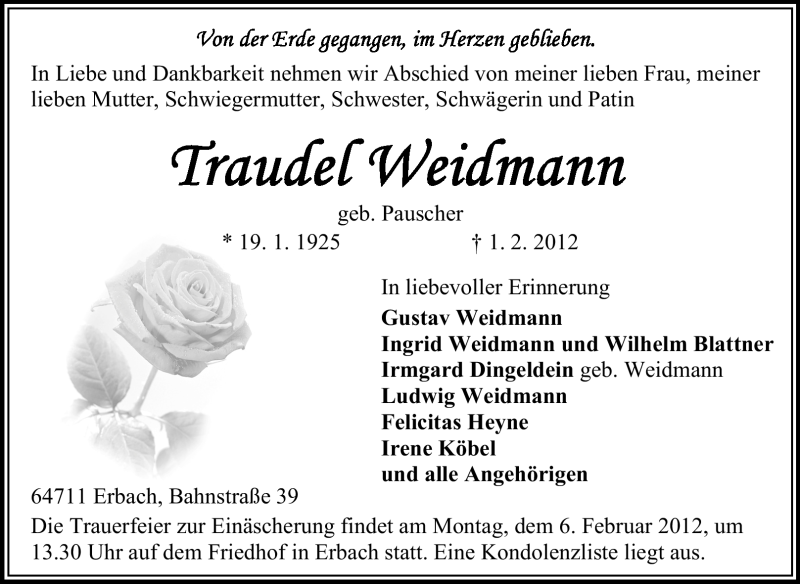  Traueranzeige für Traudel Weidmann vom 04.02.2012 aus Odenwälder Echo