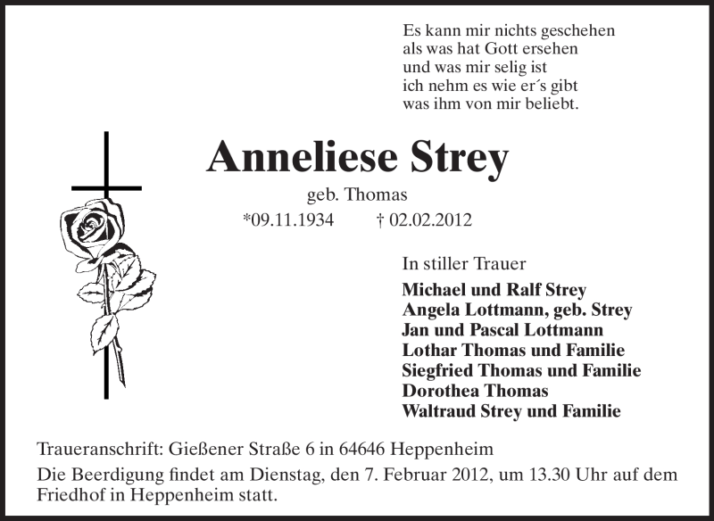  Traueranzeige für Annelise Strey vom 04.02.2012 aus Starkenburger Echo, Bergsträßer Anzeiger