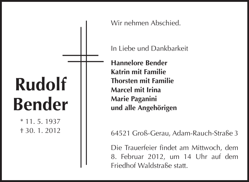  Traueranzeige für Rudolf Bender vom 04.02.2012 aus Rüsselsheimer Echo, Groß-Gerauer-Echo, Ried Echo