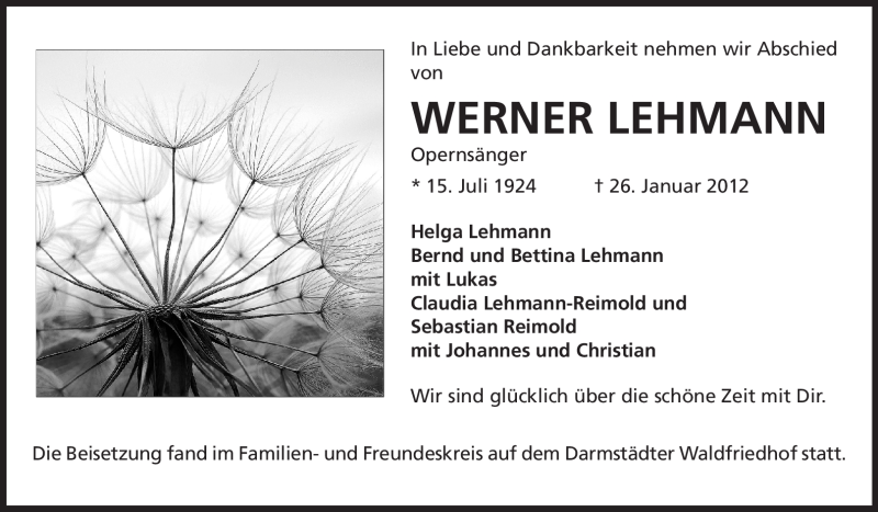  Traueranzeige für Werner Lehmann vom 04.02.2012 aus Echo-Zeitungen (Gesamtausgabe)