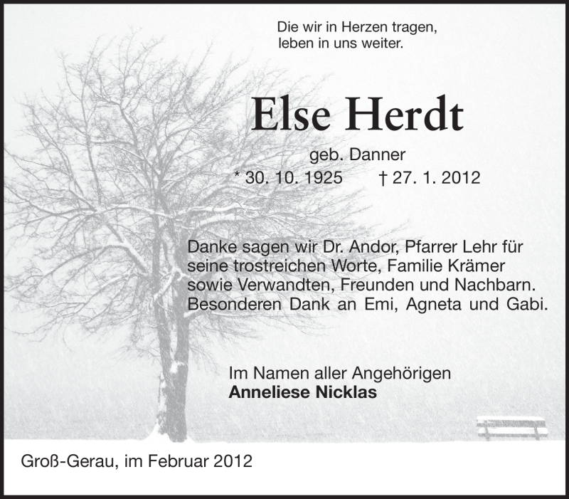  Traueranzeige für Else Herdt vom 08.02.2012 aus Rüsselsheimer Echo, Groß-Gerauer-Echo, Ried Echo