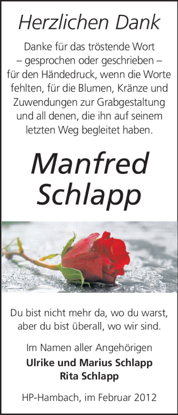 Traueranzeige von Manfred Schlapp von Starkenburger Echo