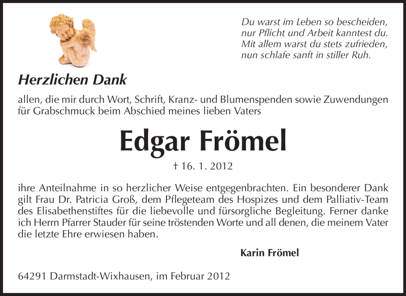  Traueranzeige für Edgar Frömel vom 11.02.2012 aus Echo-Zeitungen (Gesamtausgabe)
