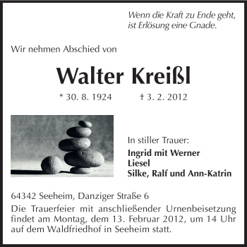 Traueranzeige von Walter Kreißl von Echo-Zeitungen (Gesamtausgabe)