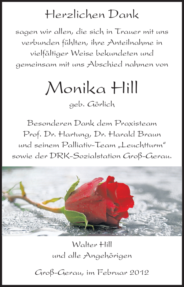  Traueranzeige für Monika Hill vom 08.02.2012 aus Rüsselsheimer Echo, Groß-Gerauer-Echo, Ried Echo