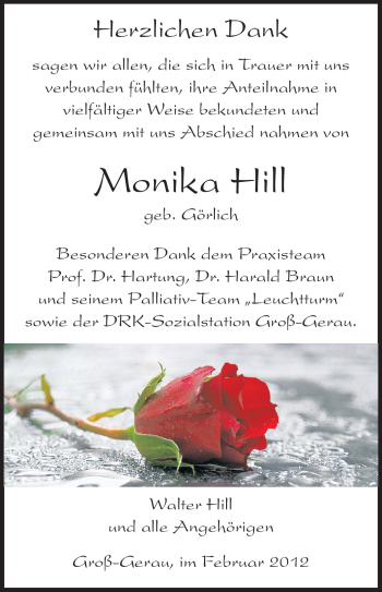 Traueranzeige von Monika Hill von Rüsselsheimer Echo, Groß-Gerauer-Echo, Ried Echo