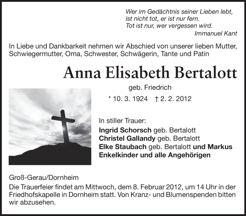  Traueranzeige für Anna Elisabeth Bertalott vom 07.02.2012 aus Rüsselsheimer Echo, Groß-Gerauer-Echo, Ried Echo