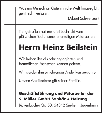 Traueranzeige von Heinz Beilstein von Echo-Zeitungen (Gesamtausgabe)