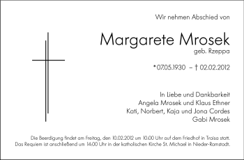 Traueranzeige von Margarete Mrosek von Darmstädter Echo, Odenwälder Echo, Rüsselsheimer Echo, Groß-Gerauer-Echo, Ried Echo