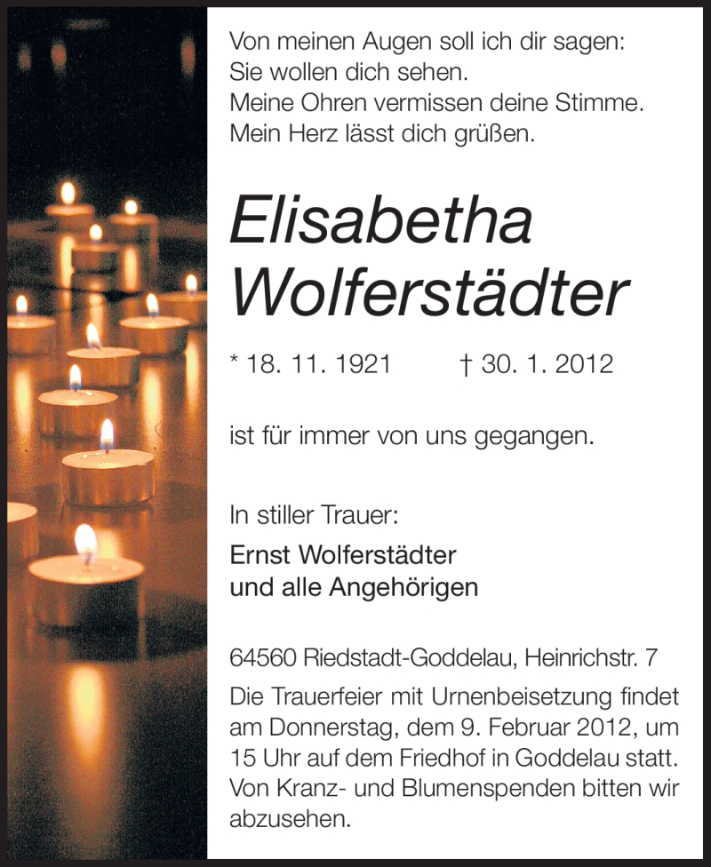  Traueranzeige für Elisabetha Wolferstädter vom 07.02.2012 aus Rüsselsheimer Echo, Groß-Gerauer-Echo, Ried Echo