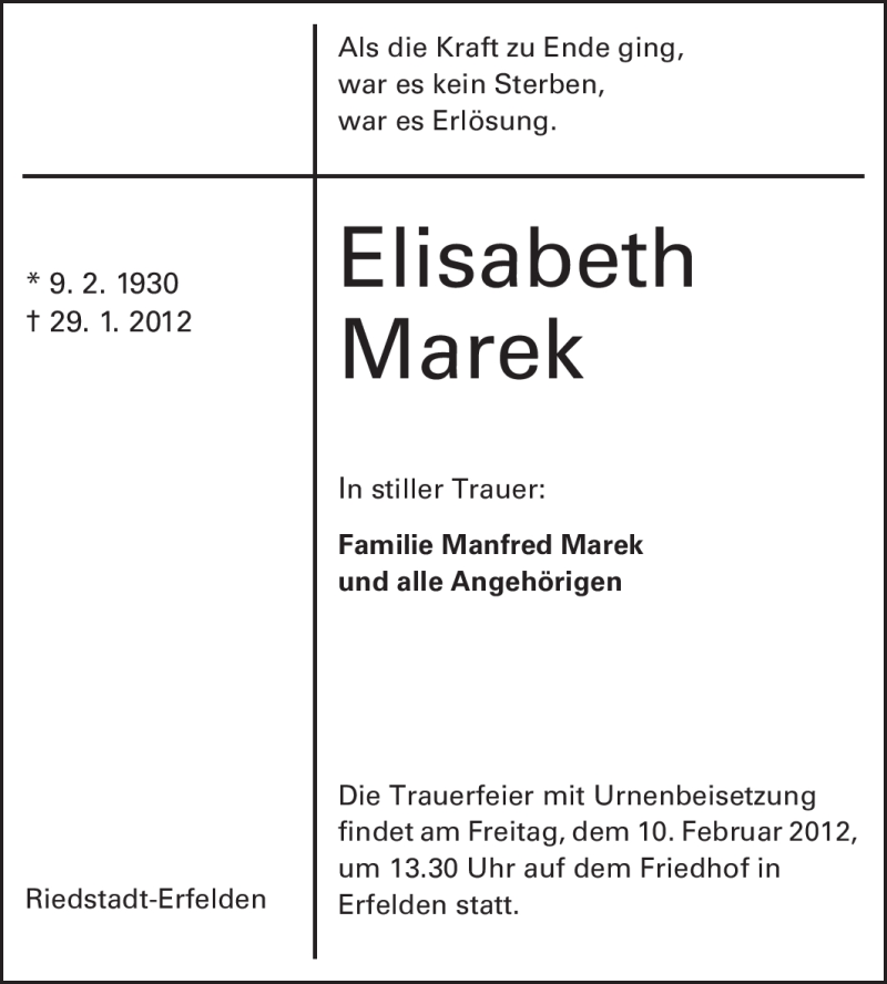  Traueranzeige für Elisabeth Marek vom 08.02.2012 aus Rüsselsheimer Echo, Groß-Gerauer-Echo, Ried Echo