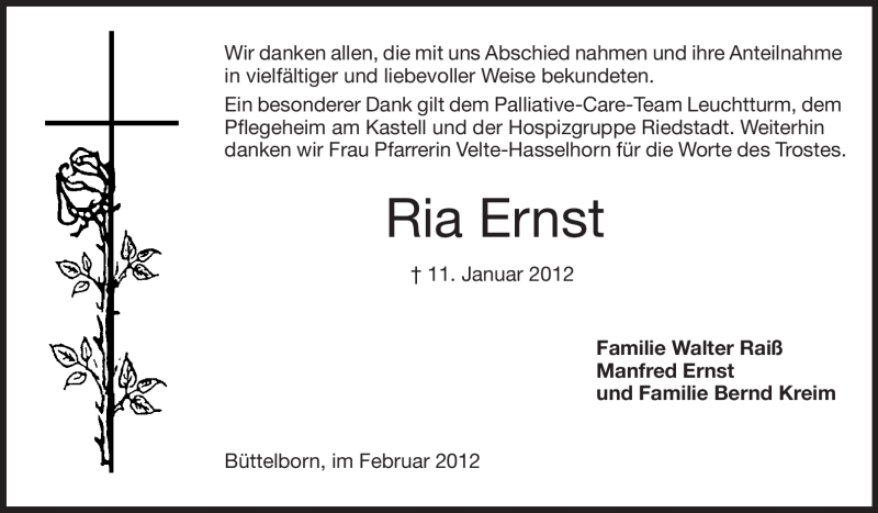  Traueranzeige für Ria Ernst vom 11.02.2012 aus Rüsselsheimer Echo, Groß-Gerauer-Echo, Ried Echo