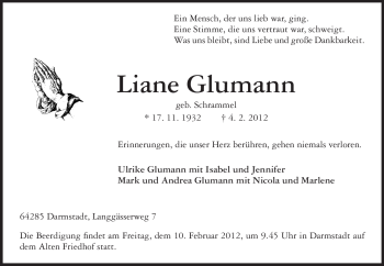 Traueranzeige von Liane Glumann von Darmstädter Echo, Odenwälder Echo, Rüsselsheimer Echo, Groß-Gerauer-Echo, Ried Echo